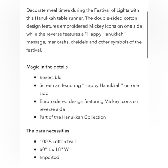 Disney Parks Happy Hanukkah Holiday Table Runner 62 in X 18...